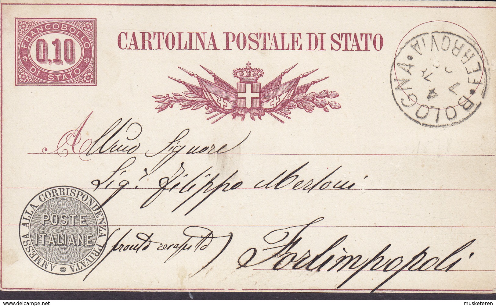 Italy Postal Stationery Ganzsache Entero 0.10L Ziffer Im Queroval BOLOGNA 1878 FORLIMPOPOLI - Entiers Postaux