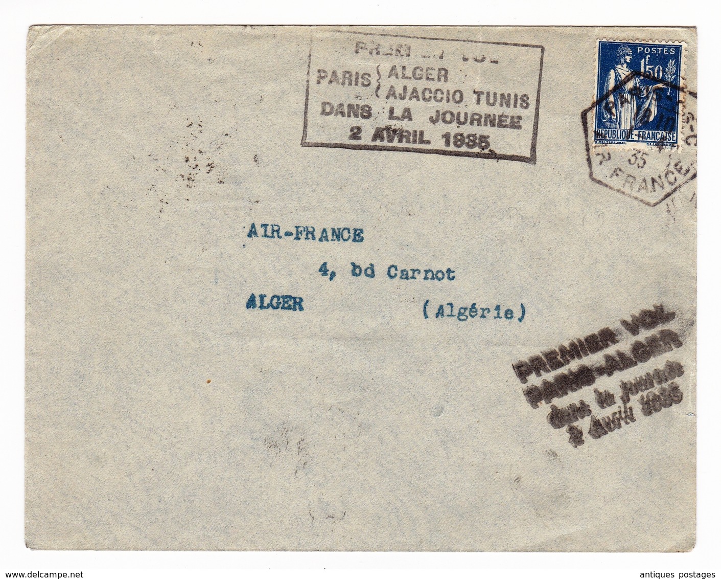 Lettre 2 Avril 1935 Premier Vol Paris Alger Algérie Ajaccio Corse Tunis Tunisie Air France Paris Aviation Type Paix - 1932-39 Peace