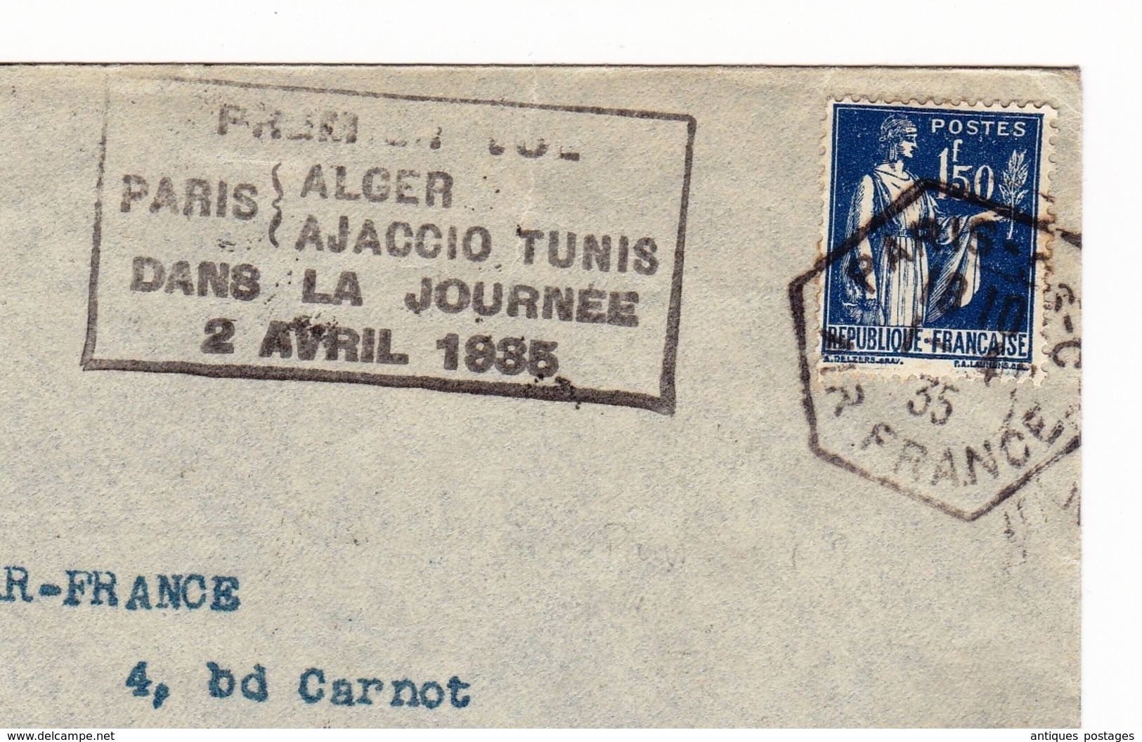 Lettre 2 Avril 1935 Premier Vol Paris Alger Algérie Ajaccio Corse Tunis Tunisie Air France Paris Aviation Type Paix - 1932-39 Frieden