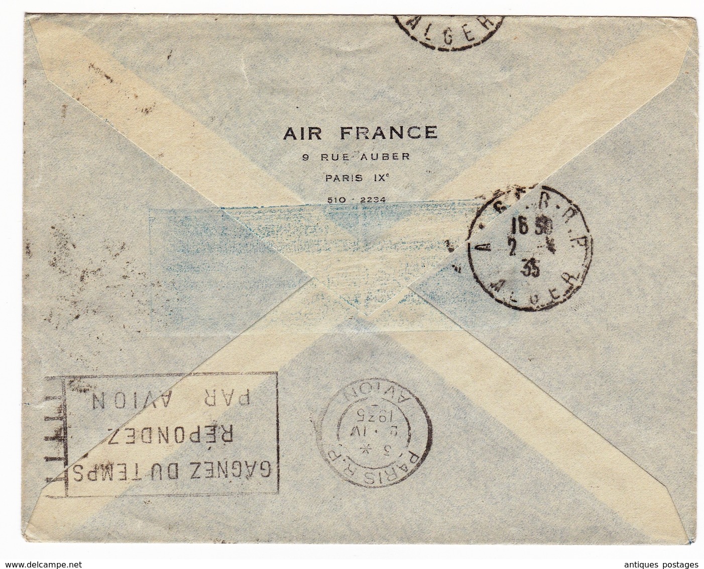 Lettre 2 Avril 1935 Premier Vol Paris Alger Algérie Ajaccio Corse Tunis Tunisie Air France Paris Aviation Type Paix - 1932-39 Peace