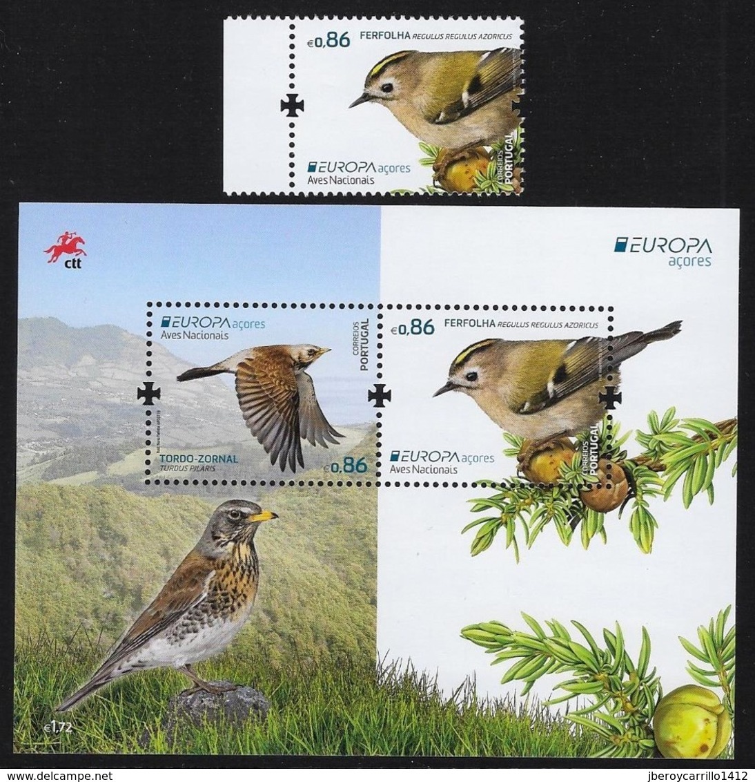 AZORES /AÇORES   -EUROPA 2019.- "AVES -BIRDS -VÖGEL-OISEAUX"-SERIE +  HOJITA BLOQUE - 2019