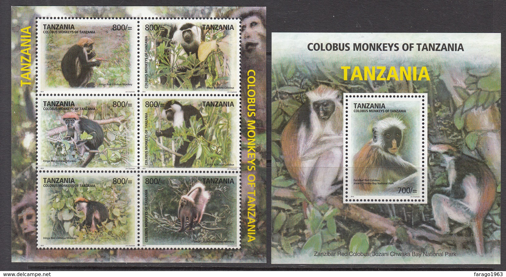 2012 Tanzania Colobus Monkeys Singes Set Of 2 Souvenir Sheet MNH - Tanzania (1964-...)