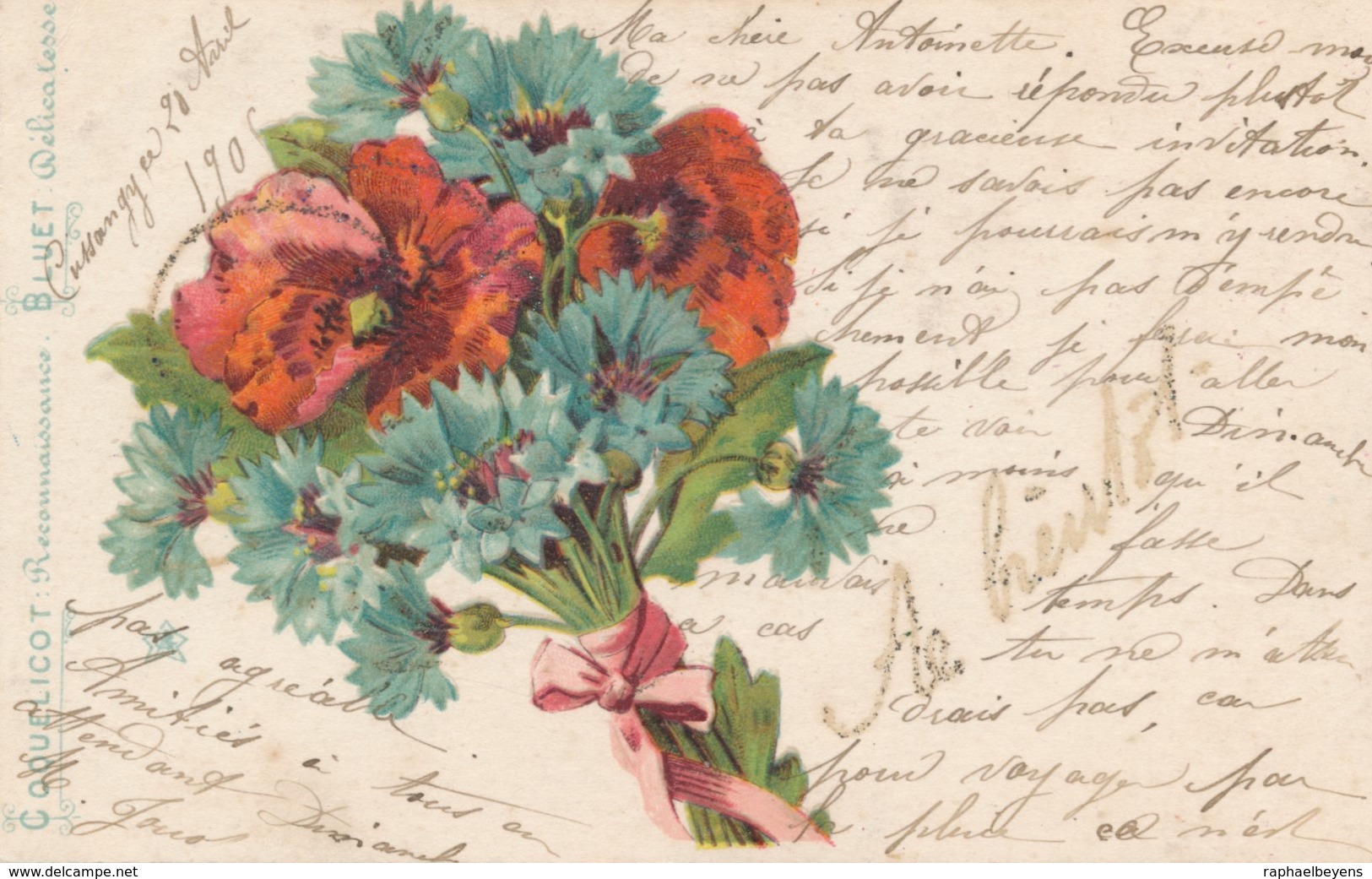 CPA Coquelicot Reconnaissance Bluet Délicatesse 1906 Circulée Fleurs Paillettes - Flowers
