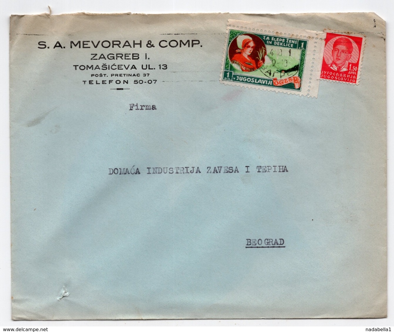 1930s  YUGOSLAVIA, CROATIA, ZAGREB TO BELGRADE, S.A. MEVORAH & CO, COMPANY COVER - Briefe U. Dokumente