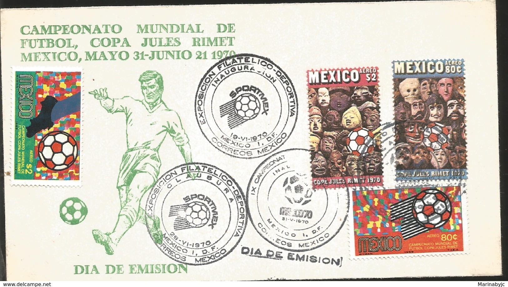 J) 1970 MEXICO, WORLD FOOTBALL CHAMPIONSHIP, JULES RIMET MEXICO CUP, MASK, BALL, MULTIPLE STAMPS, FDC - Mexico