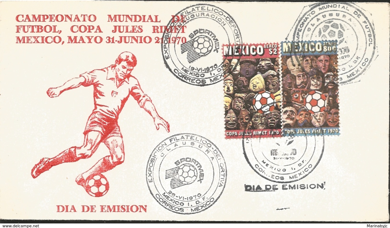 J) 1970 MEXICO, WORLD FOOTBALL CHAMPIONSHIP, RED, JULES RIMET MEXICO CUP, MASK, BALL, MULTIPLE STAMPS, FDC - Mexico