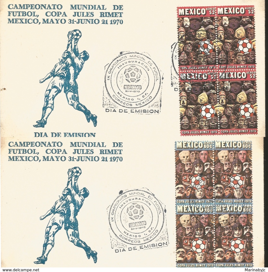 J) 1970 MEXICO, SOCCER WORLD CHAMPIONSHIP, BLOCK OF 4, SET OF 2 FDC - Mexico