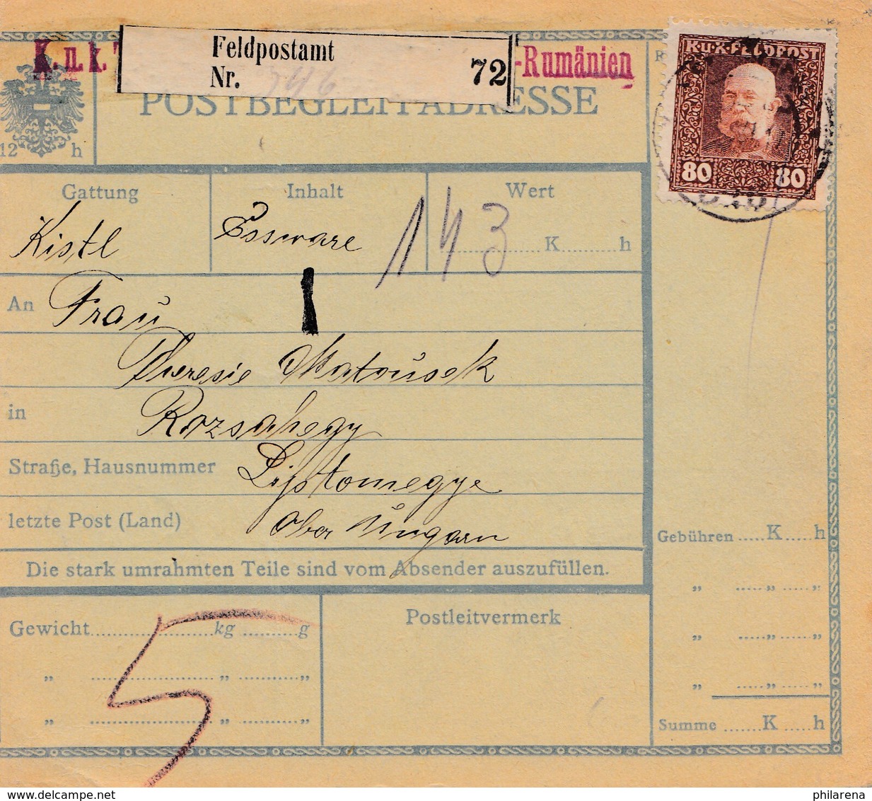 1913: Paketkarte: Feldpostamt Rumänien Nach Rozsahegy - Altri - Europa