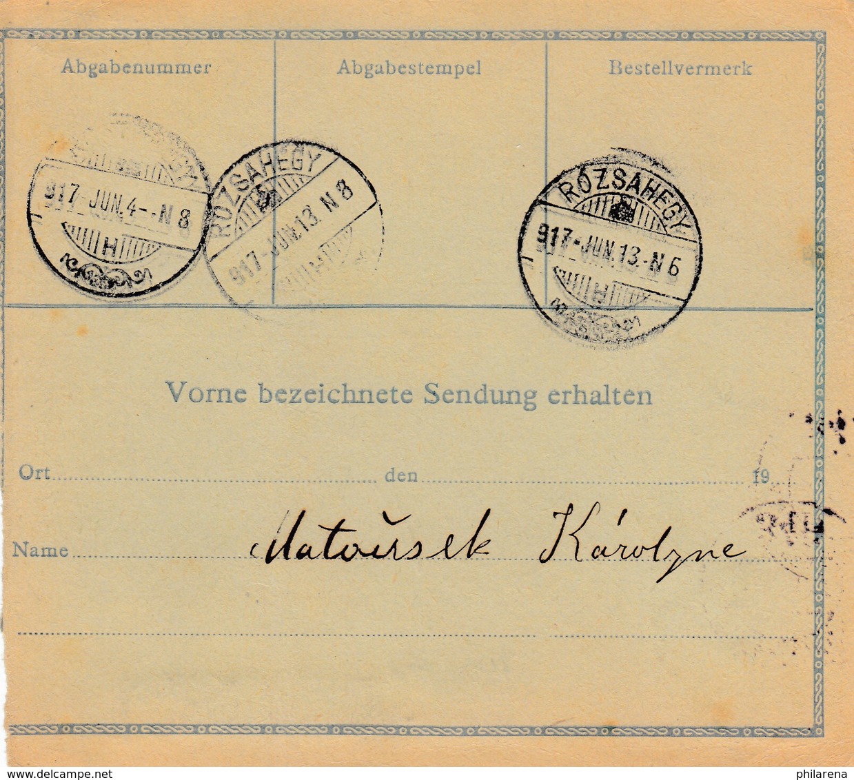 1913: Paketkarte: Feldpostamt Rumänien Nach Rozsahegy - Sonstige - Europa