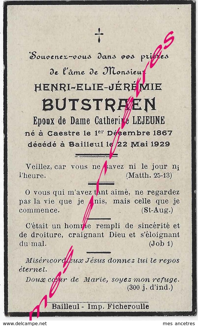 En 1929 Caestre Et  Bailleul (59) Henri BUTSTRAEN ép Catherine LEJEUNE - Décès