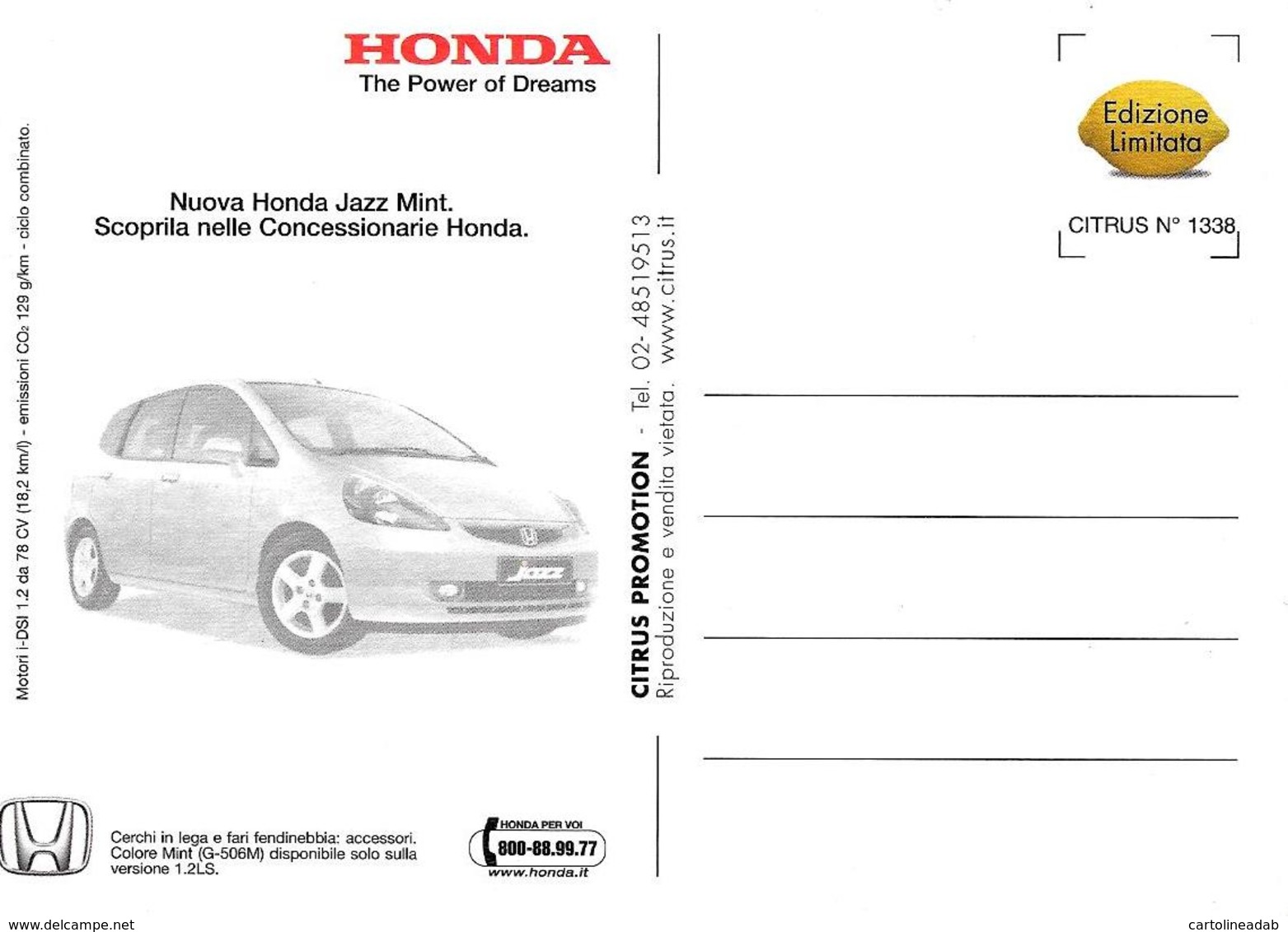 [MD3610] CPM - AUTO - HONDA CIVIC - CITRUS PROMOTION 1338 - PERFETTA - Non Viaggiata - PKW