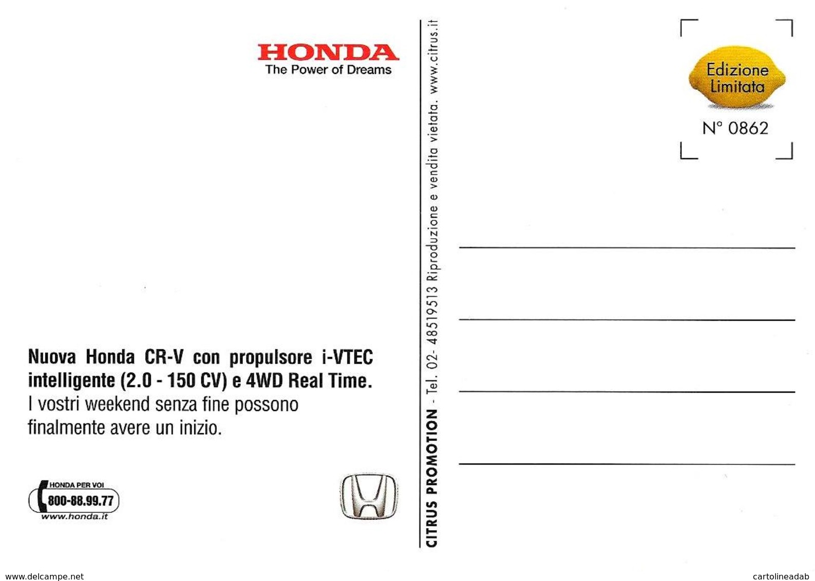 [MD3611] CPM - AUTO - HONDA CR-V - CITRUS PROMOTION 862 - PERFETTA - Non Viaggiata - Turismo