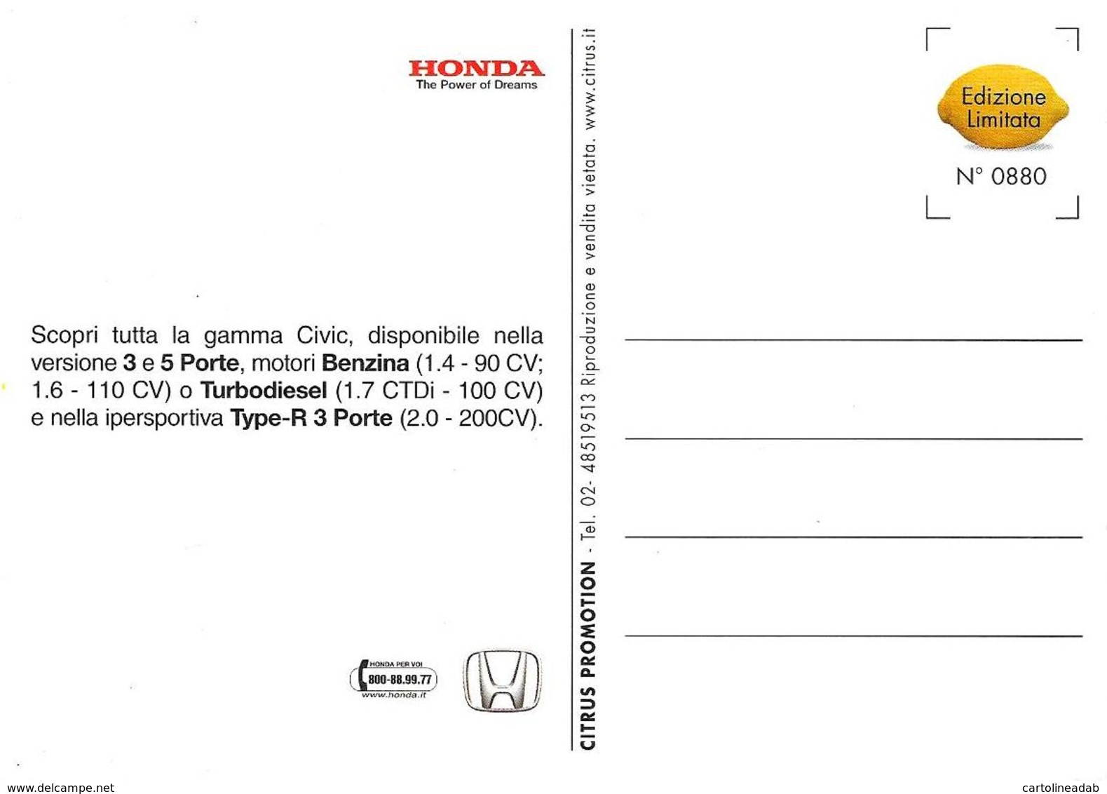 [MD3612] CPM - AUTO - HONDA CIVIC TYPE R - CITRUS PROMOTION 880 - PERFETTA - Non Viaggiata - Turismo