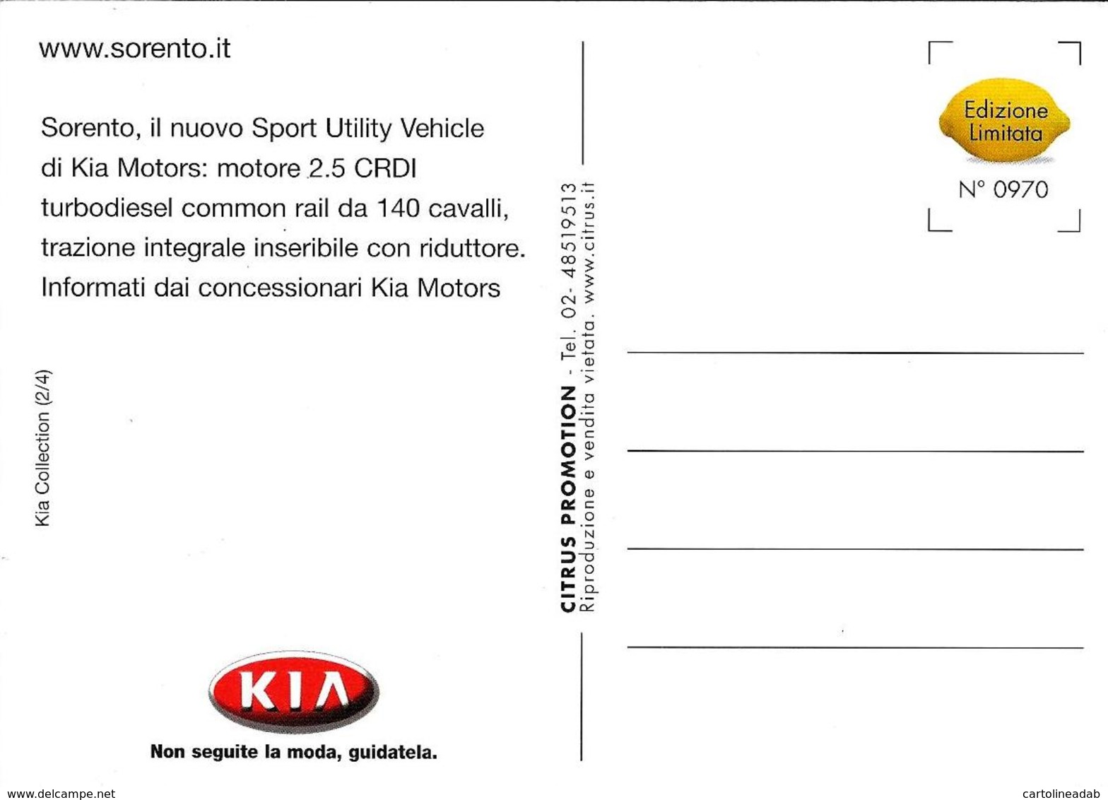 [MD3616] CPM - AUTO - KIA SORENTO - CITRUS PROMOTION 970 - PERFETTA - Non Viaggiata - Turismo