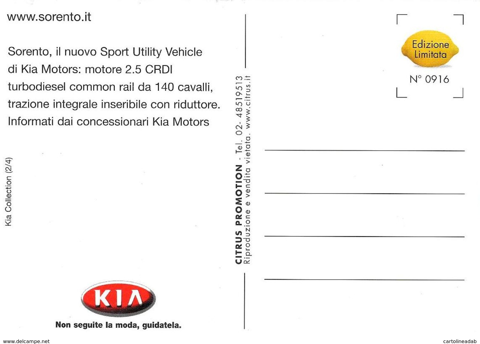 [MD3617] CPM - AUTO - KIA SORENTO - CITRUS PROMOTION 916 - PERFETTA - Non Viaggiata - Turismo