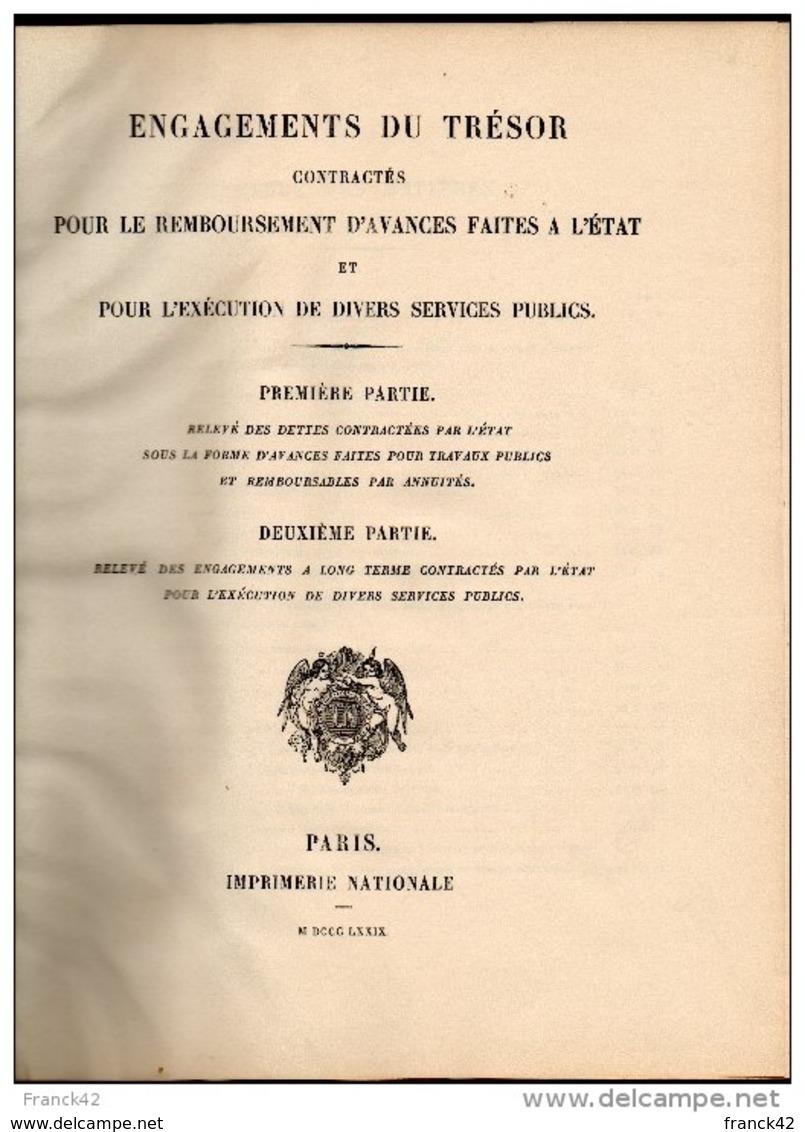 Engagements Du Tresor Contractés Pour Le Remboursement D'avance Faites à L'état. 1879 - Livres & Logiciels