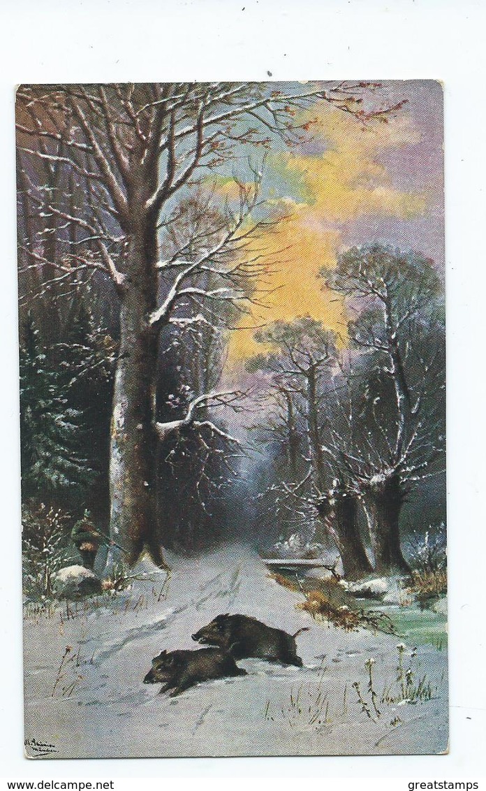 Winter Scene Wild Boar Hunting Snow Scene  Unused 2040   Artist Signed - Otros & Sin Clasificación