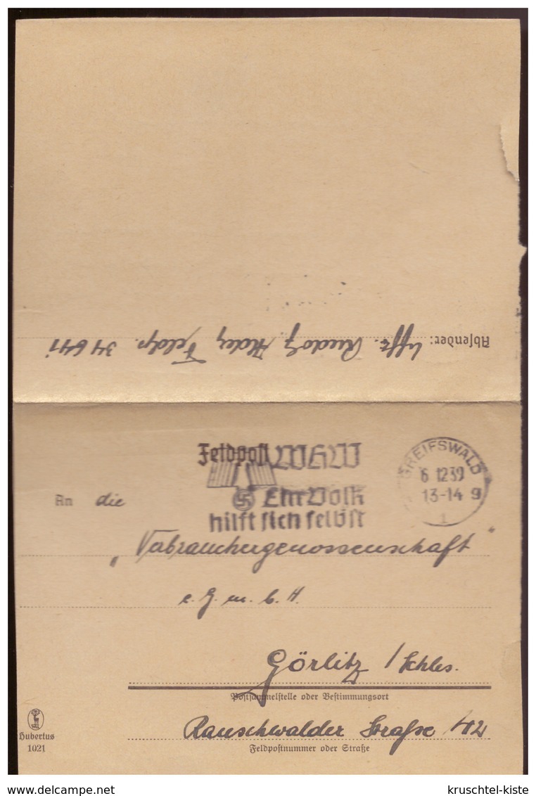 Dt- Reich (008419) Feldpostfaltbrief Luftwaffe FPNR 34641, Gelaufen Am 6.12.1939 Mit WHW Werbestempel Von Greifswald - Briefe U. Dokumente