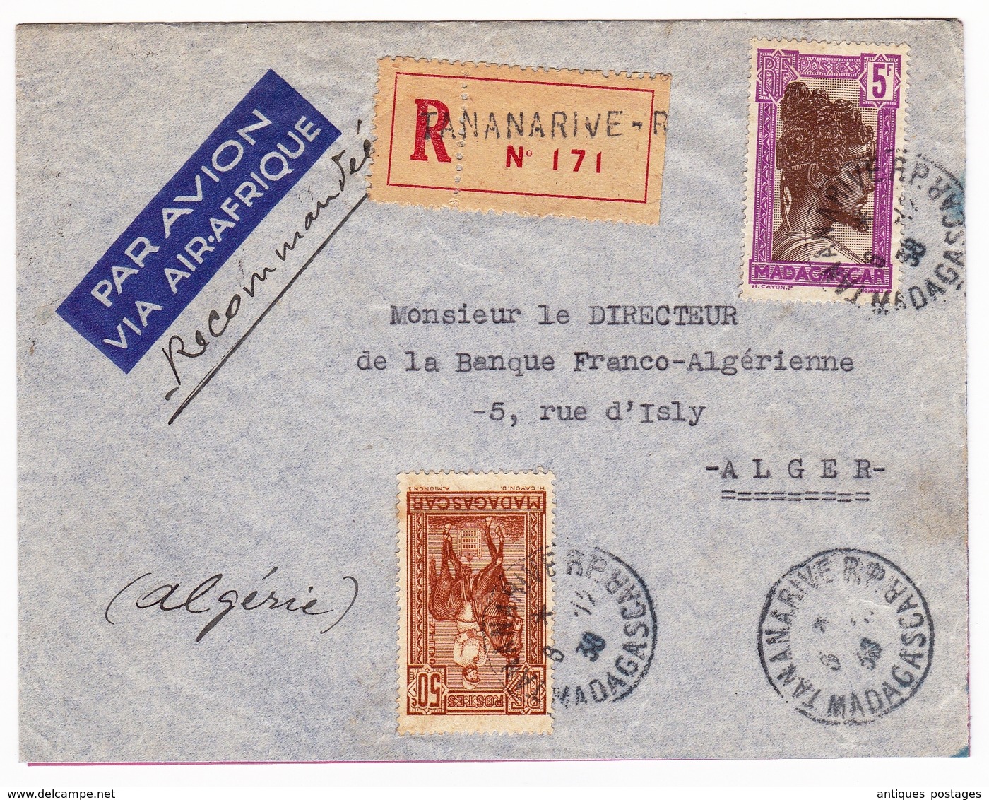 Lettre Recommandée 1938 Antananarivo Tananarive Madagascar Alger Algérie Banque Franco Algérienne - Lettres & Documents