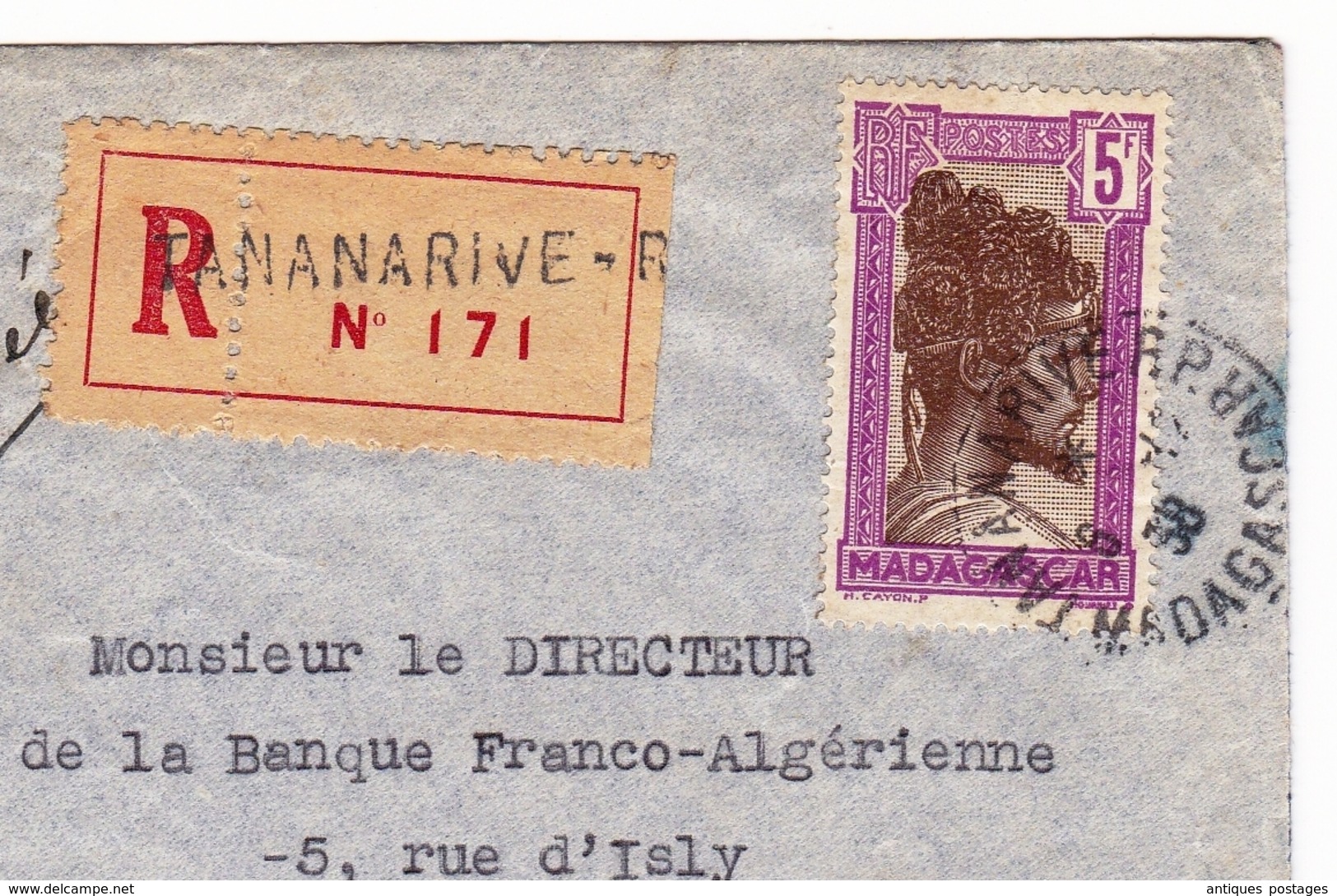 Lettre Recommandée 1938 Antananarivo Tananarive Madagascar Alger Algérie Banque Franco Algérienne - Briefe U. Dokumente