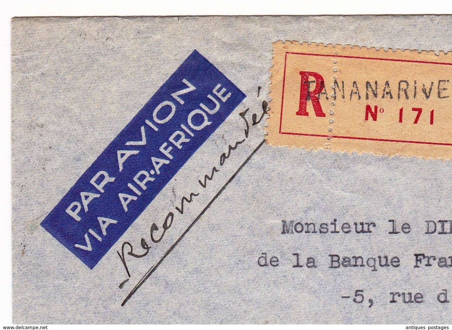 Lettre Recommandée 1938 Antananarivo Tananarive Madagascar Alger Algérie Banque Franco Algérienne - Cartas & Documentos