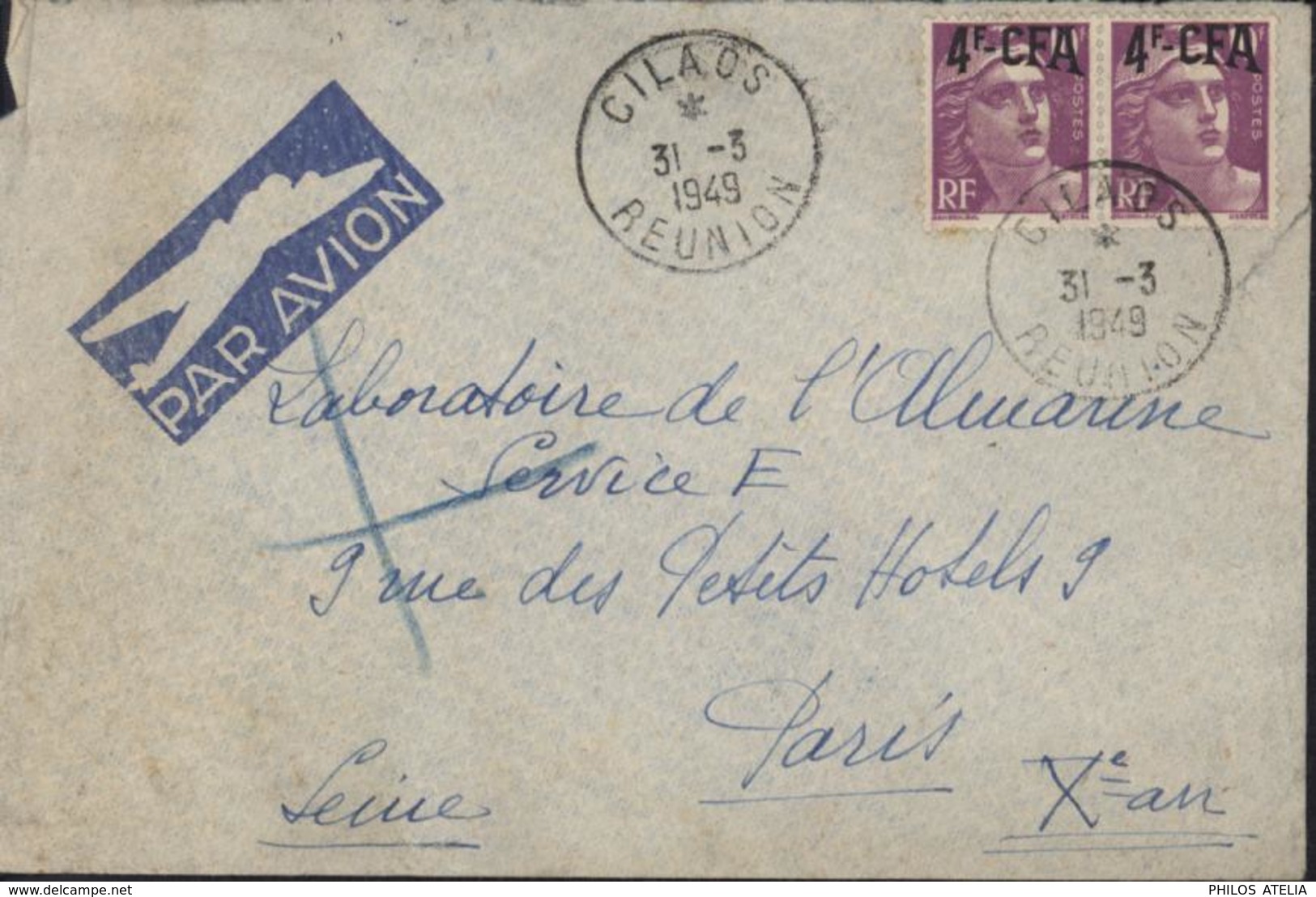 YT 811 Marianne Gandon Surcharge 4F CFA Réunion YT 296 X2 CAD Cilaos Réunion 31 3 1949 Par Avion - Lettres & Documents