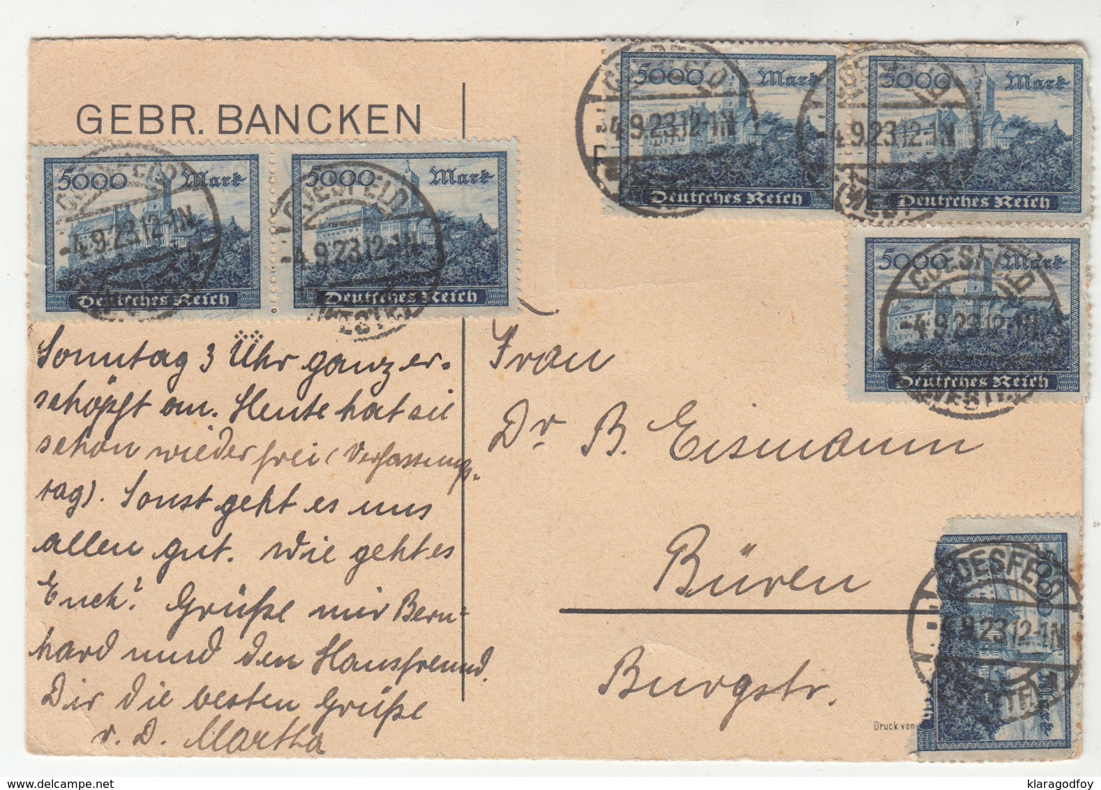 Gebr. Bancken, Coesfeld Company Postal Card Travelled 1923 INFLA B190701 - Lettres & Documents