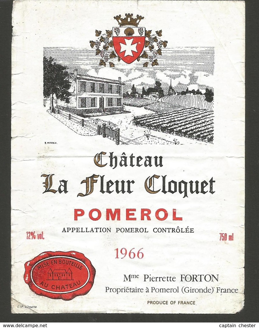 Etiquette De Vin De Bordeaux " Chateau La Fleur Cloquet 1966 - Pomerol - Bordeaux