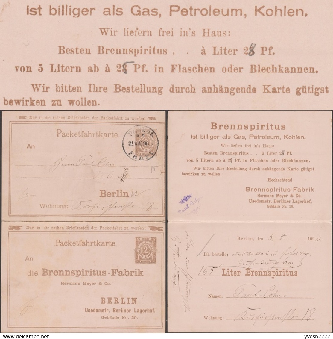 Berlin 1890. Poste Privée, Entier Postal Timbré Sur Commande.Alcool Dénaturé (alcool à Brûler), Gaz, Pétrole, Charbon - Gas