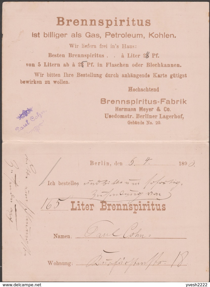 Berlin 1890. Poste Privée, Entier Postal Timbré Sur Commande.Alcool Dénaturé (alcool à Brûler), Gaz, Pétrole, Charbon - Gas