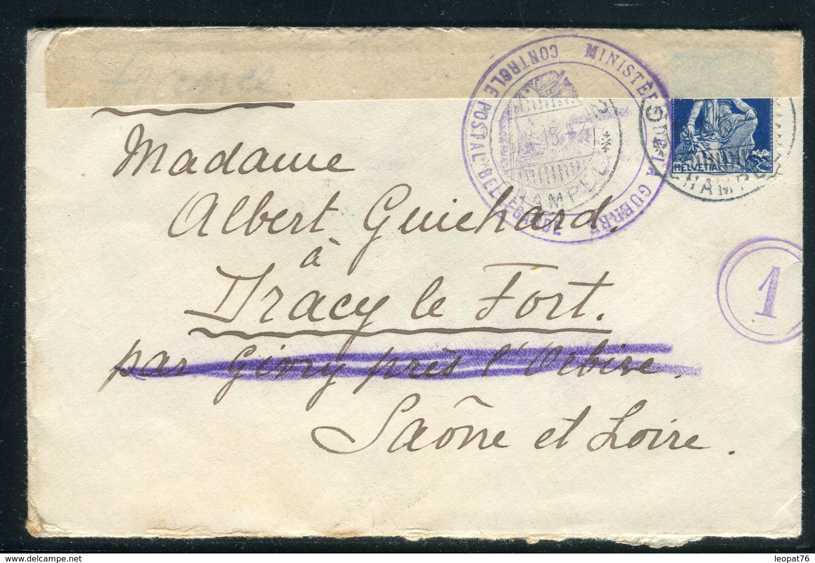 Suisse - Enveloppe Pour La France Avec Contrôle Postal De Bellegarde En 1915 -  Réf JJ 38 - Marcophilie