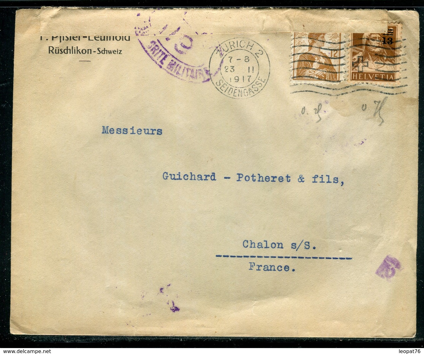 Suisse - Enveloppe Commerciale De Zürich Pour La France En 1917 Avec Contrôle Postal -  Réf JJ 41 - Marcophilie