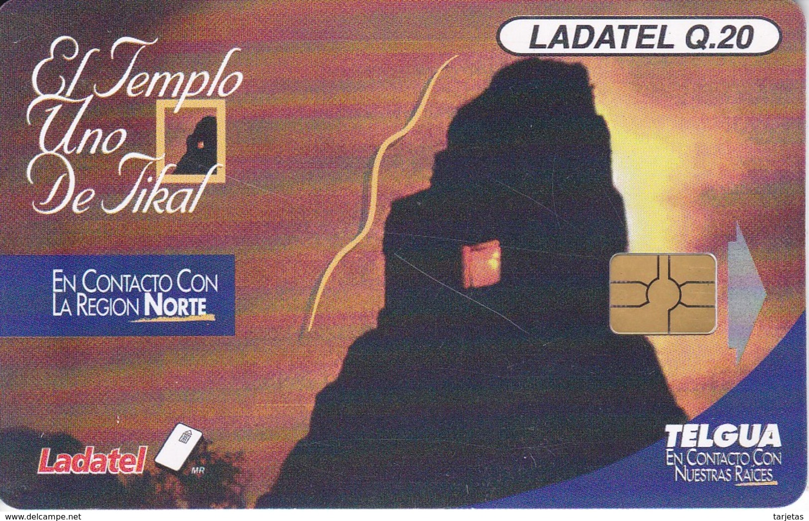 TARJETA DE GUATEMALA DE EL TEMPLO DE TIKAL CHIP NEGRO  (PUESTA DE SOL-SUNSET) - Guatemala