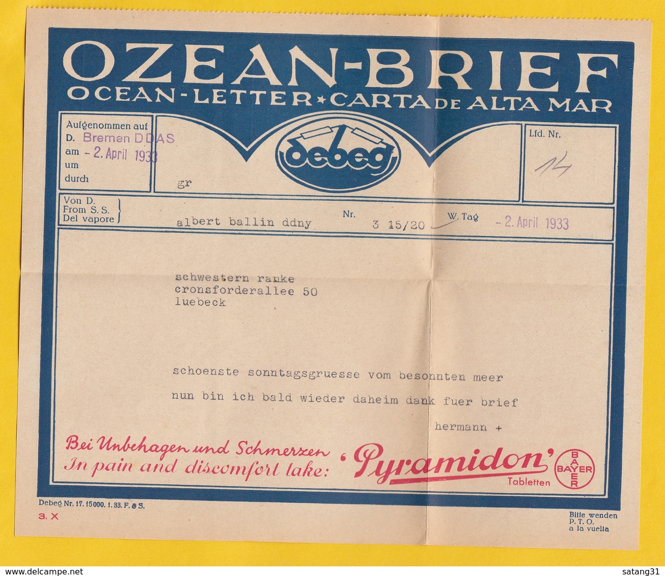 OZEAN-BRIEF VOM "SS BREMEN" NACH LÜBECK,1933. - Lettres & Documents