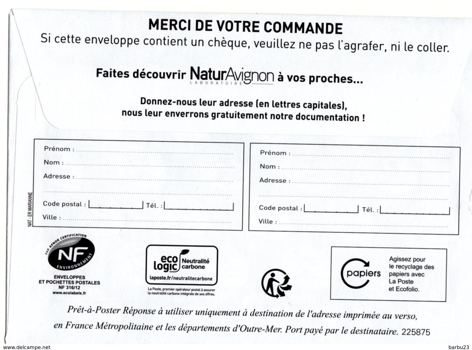 Enveloppe PAP Pret à Poster Reponse Marianne L'engagée Prio Laboratoire Naturavignon 225875 - Prêts-à-poster: Réponse