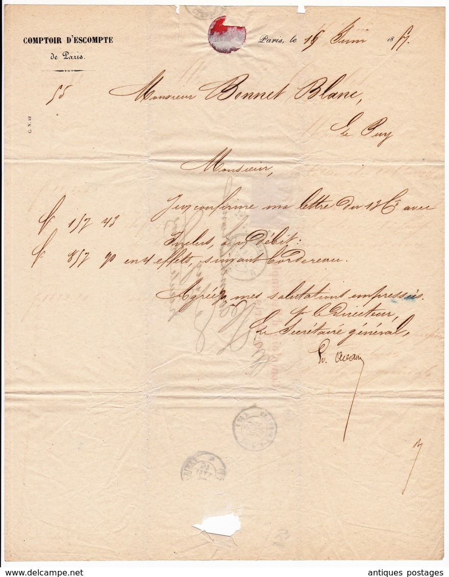 Lettre 1857 Paris Comptoir De L'Escompte Le Puy En Velay Timbre Napoléon III 40 Centimes - 1853-1860 Napoléon III