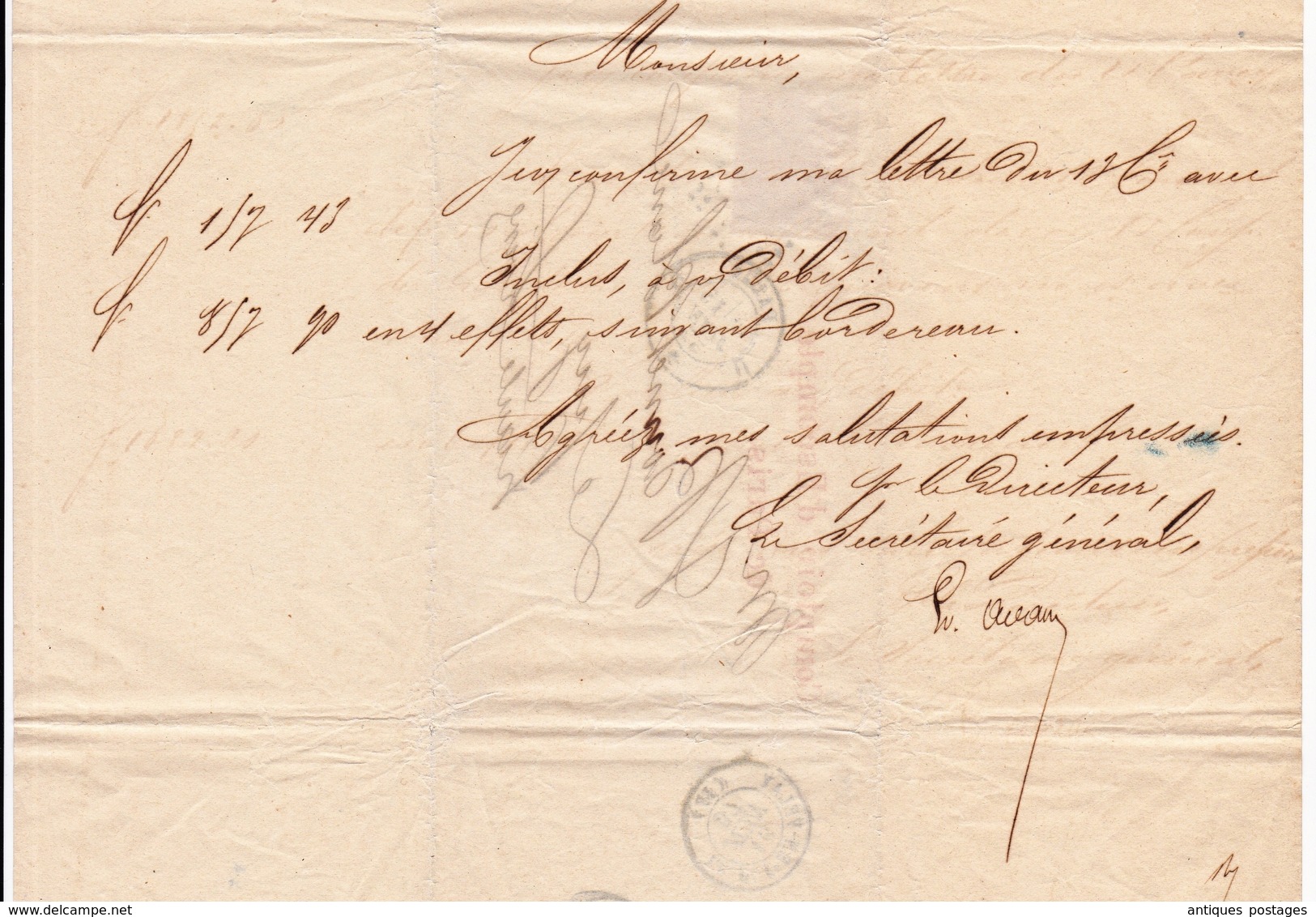 Lettre 1857 Paris Comptoir de l'Escompte Le Puy en Velay Timbre Napoléon III 40 Centimes