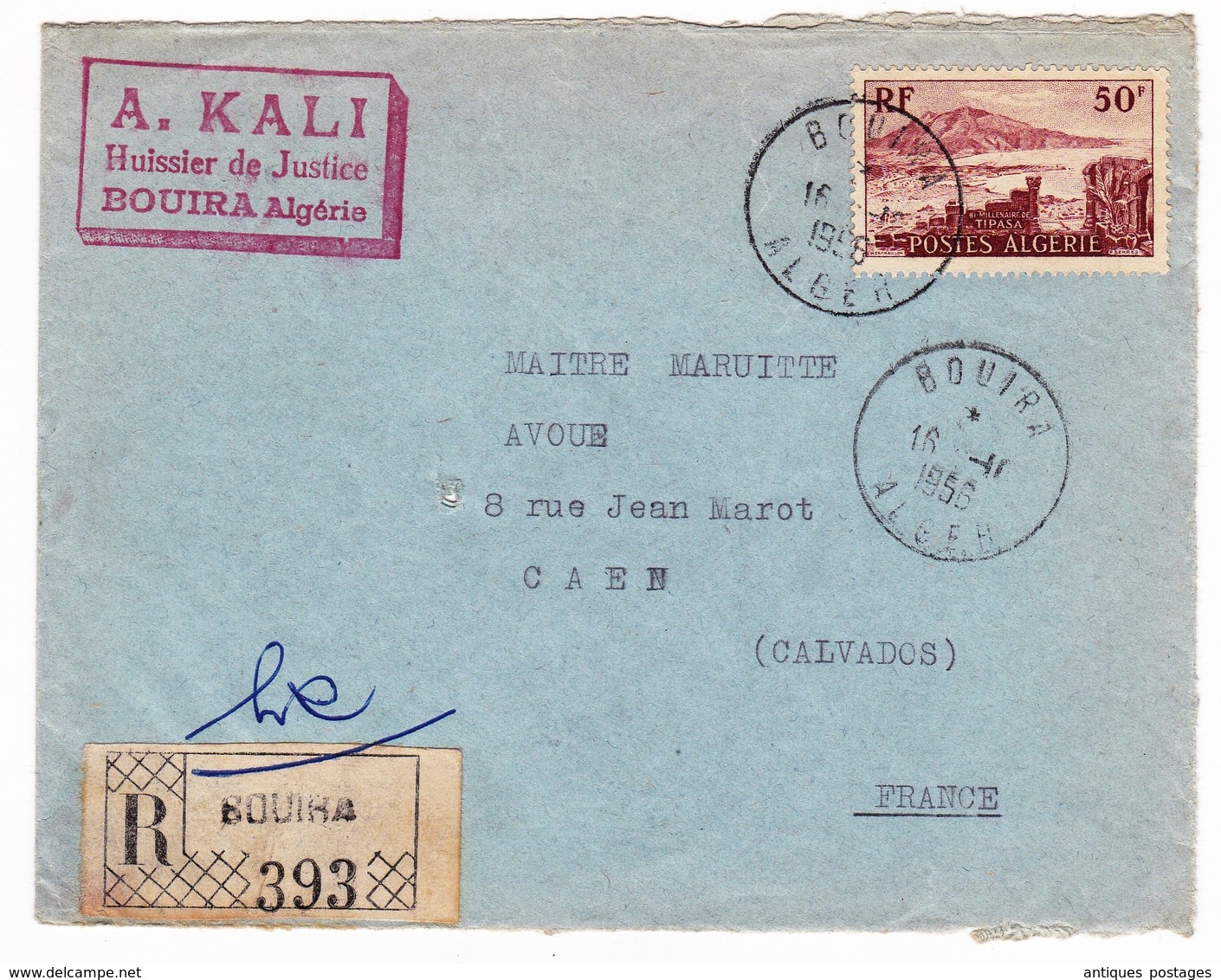 Lettre Recommandée 1956 Bouira Algérie Caen Calvados A. Kali Huissier De Justice - Cartas & Documentos