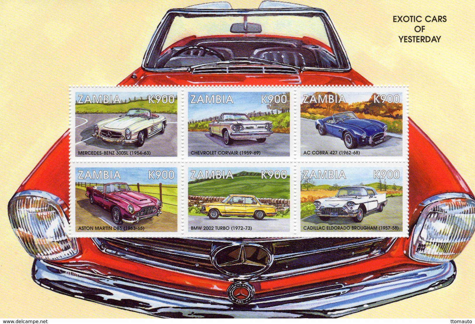 Zambia -  Exotic Cars  -  Mercedes-Chevrolet-AC-Aston Martin-BMW-Cadillac  -  6v MS Neuf/Mint - Cars