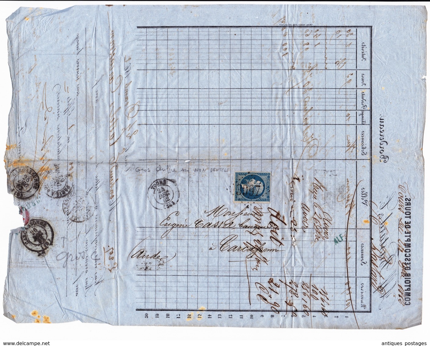 Lettre 1862 Comptoir De L'Escompte Tours Indre Et Loire Bastard & Cie Carcassonne Aude Timbre Napoléon III 20 Centimes - 1853-1860 Napoleon III