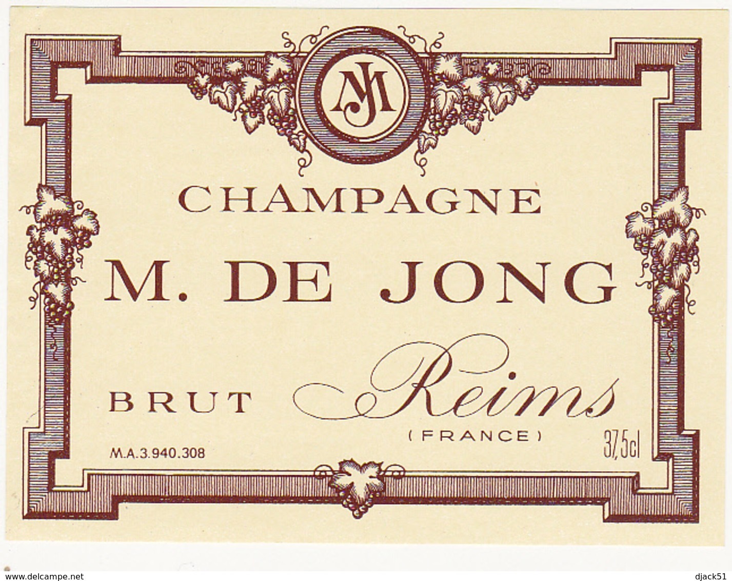 Etiquette Champagne BRUT M. DE JONG à Reims - 37.5 Cl - Champagne