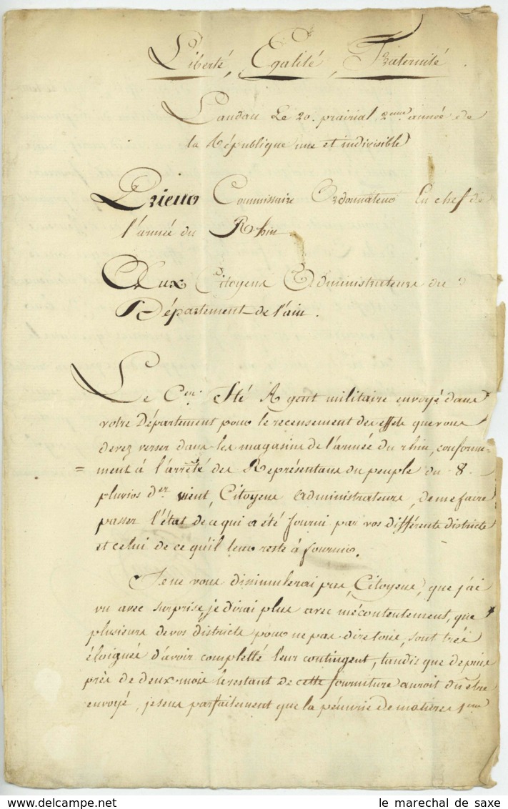 ARMEE DU RHIN Landau 8 Juin 1794 PRIEUR Franchise Com.re Gl. De L'arm. Du Rhin Bourg-Regenere Nom Revolutionnaire - Bolli Militari (ante 1900)