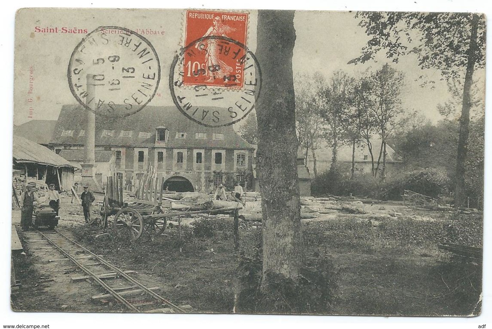 JOLIE CPA ANIMEE ST SAINT SAENS, ANIMATION A LA SCIERIE DE L'ABBAYE, PETITE VOIE FERREE, METIER, SEINE MARITIME 76 - Saint Saens