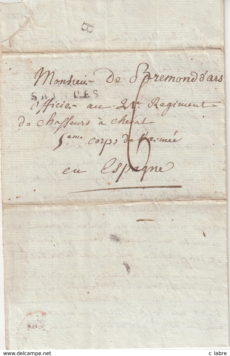 FRANCE : MP . " SAINTES " . POUR 1 OFFICIER DU 5 ème CORPS DE LA GRANDE ARMEE EN ESPAGNE . MARQUE LETTRE B AU VERSO . - Marques D'armée (avant 1900)