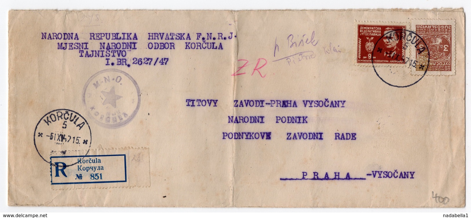 1947 YUGOSLAVIA, CROATIA, KORCULA TO PRAHA, CZECHOSLOVAKIA, REGISTERED MAIL - Covers & Documents