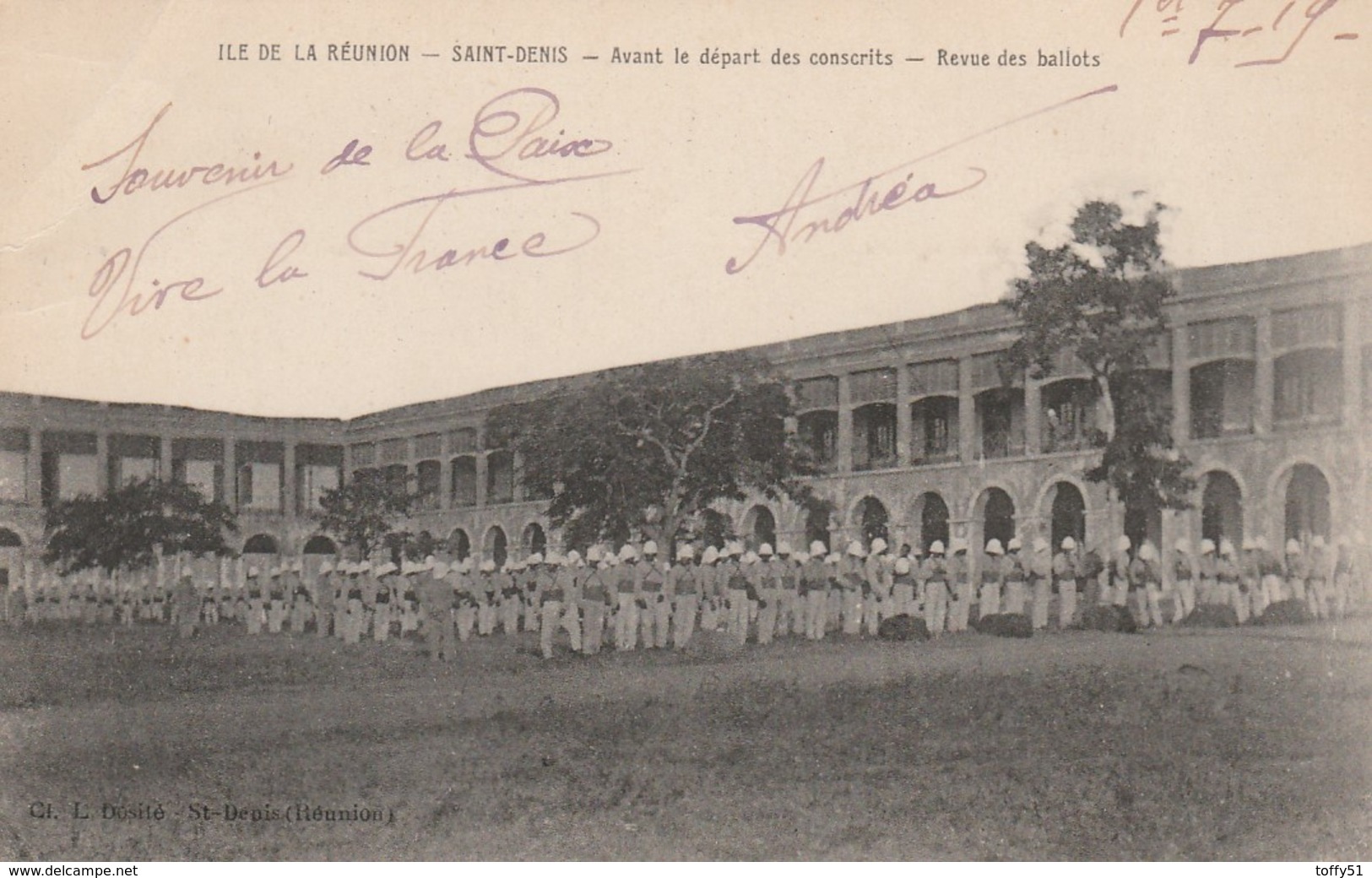 CPA:SOLDAT CASQUE BLANC "CONSCRITS"REVUE DES BALLOTS AVANT DÉPART SAINT DENIS ILE DE LA RÉUNION ÉCRITE - Saint Denis