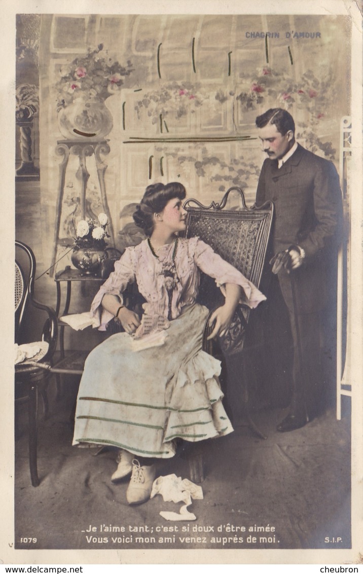 CARTE FANTAISIE. COUPLE. SÉRIE COMPLÈTE DE 6 CARTES COLORISÉES.  " CHAGRIN D'AMOUR ". ANNÉE 1905 - Couples
