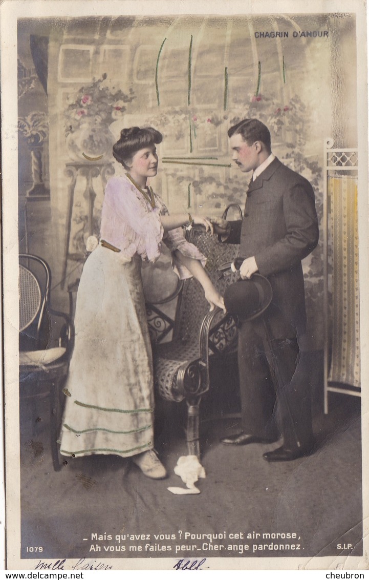 CARTE FANTAISIE. COUPLE. SÉRIE COMPLÈTE DE 6 CARTES COLORISÉES.  " CHAGRIN D'AMOUR ". ANNÉE 1905