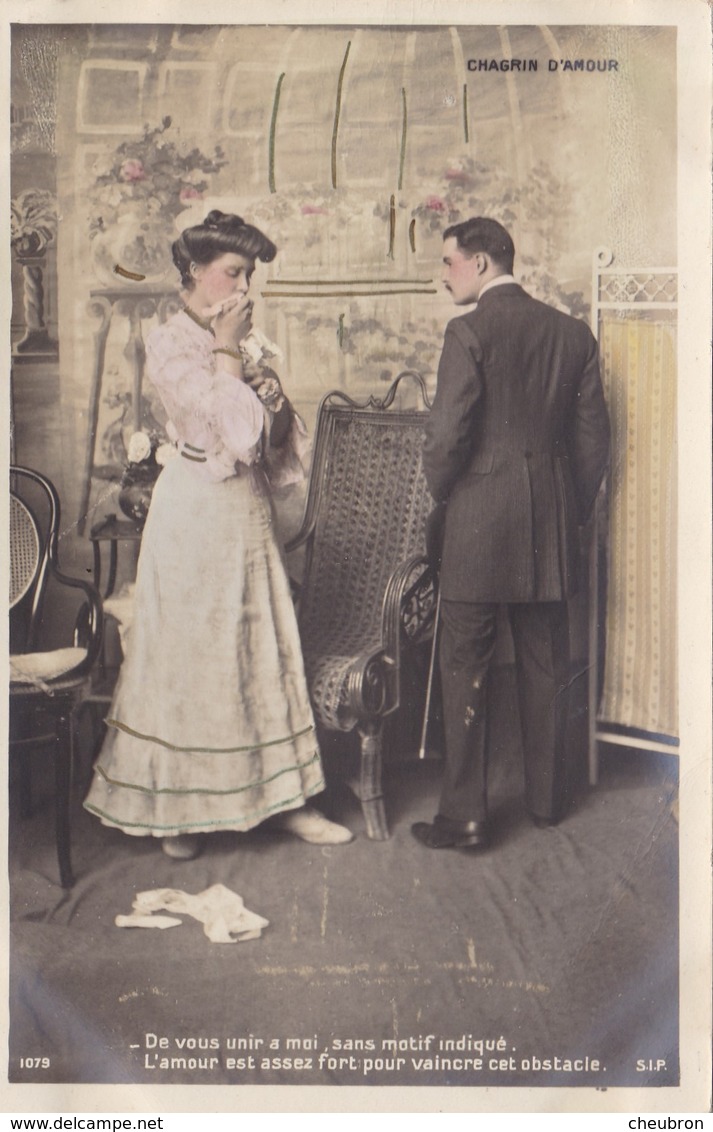 CARTE FANTAISIE. COUPLE. SÉRIE COMPLÈTE DE 6 CARTES COLORISÉES.  " CHAGRIN D'AMOUR ". ANNÉE 1905