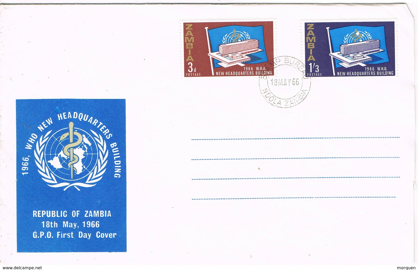 33355. Carta F.D.C. NDOLA ZAMBIA 1966. New Headquarters Building W.H.O. - Zambia (1965-...)